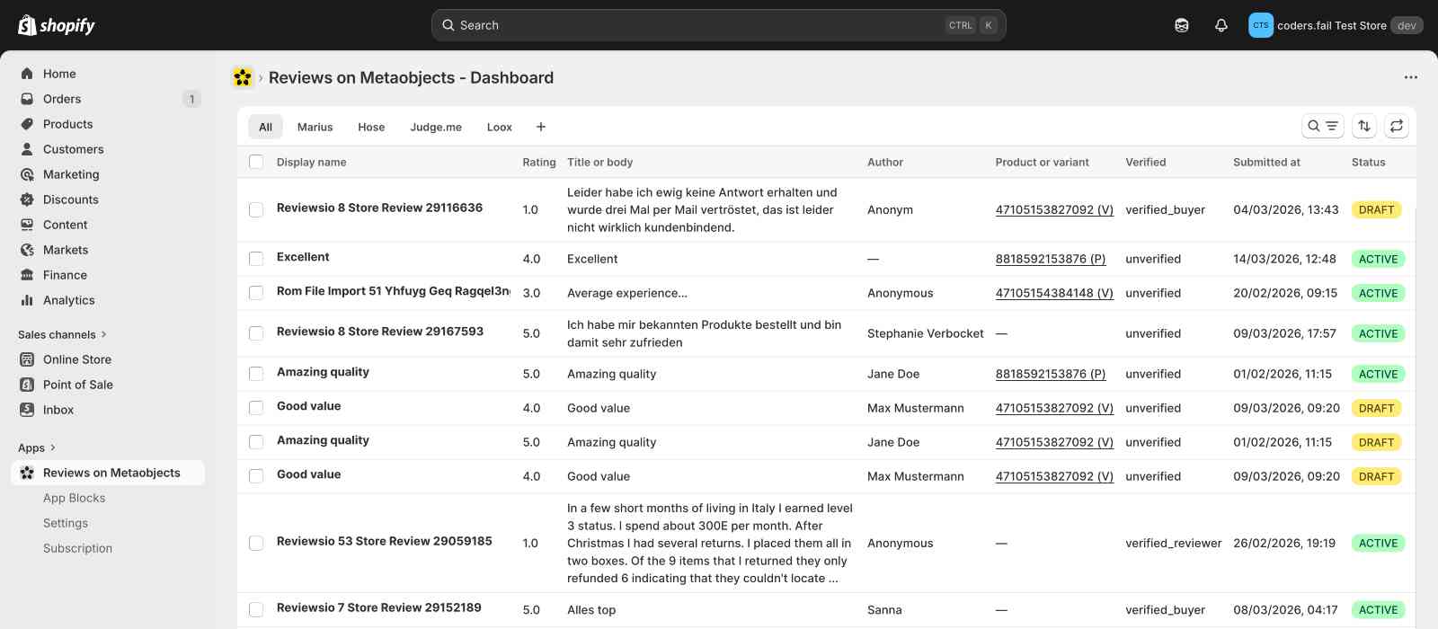 Reviews built on Shopify Metaobjects